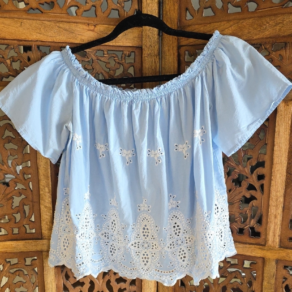 One Clothing Sky Blue Embroidered Blouse